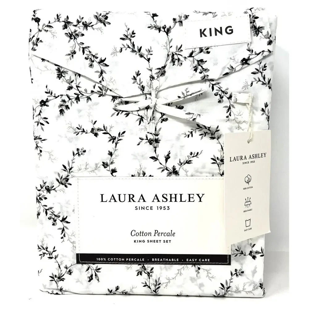 Laura Ashley Percale Cotton KING Sheet Set BLACK White SARAHS SPRIG 4 Pcs. NWT
